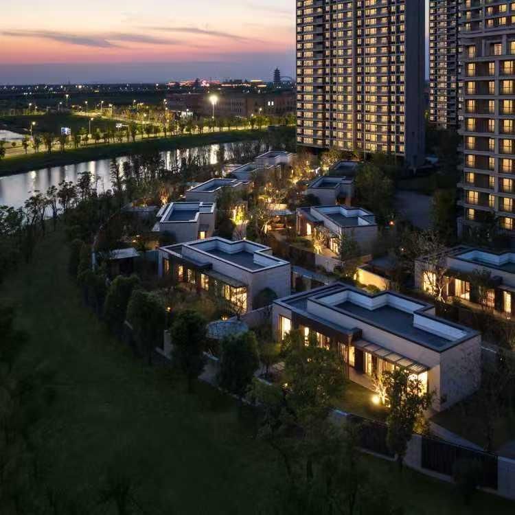 Muye Hot Spring resort lit up at night